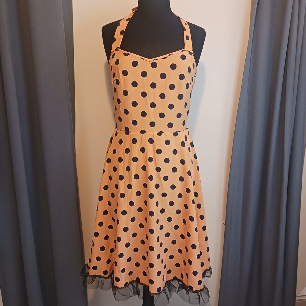 Retro 50s Yellow Black Polka Dot Halter Rockabilly Swing Dress Tulle Hem Trim Xl